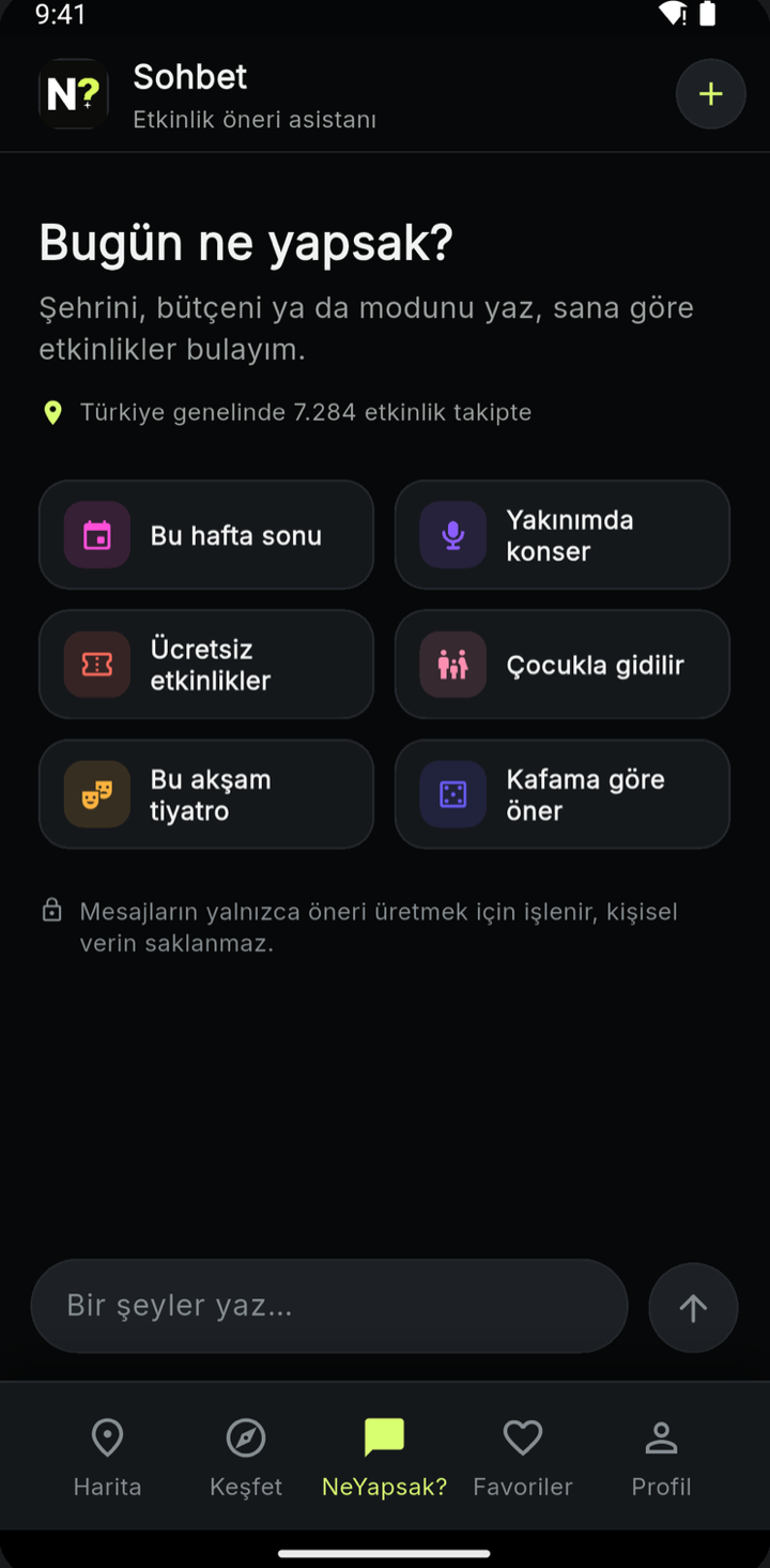 Uygulamadaki Sohbet asistanı ekranı: Bugün ne yapsak sorusu ve hazır öneri kartları.